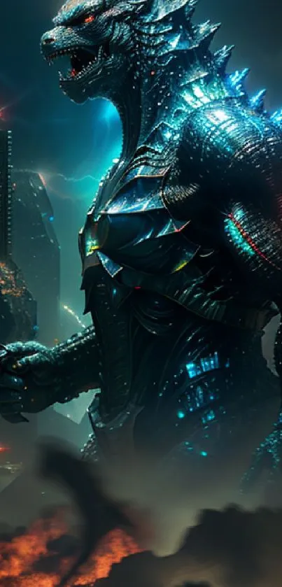 Towering armored sci-fi monster in futuristic cityscape with neon accents.