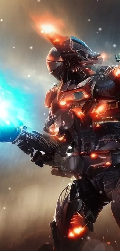 Epic sci-fi robot with glowing effects engaged in battle stance.