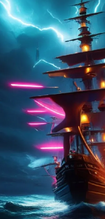 Sci-fi ship sailing through stormy seas with laser lights