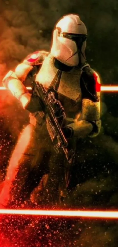 Epic sci-fi soldier in action with dynamic red and black background.