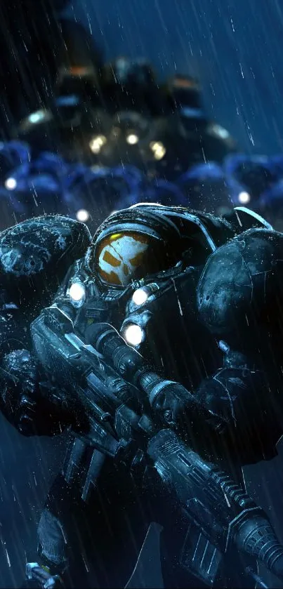 Futuristic soldier in the rain on a dark battlefield.