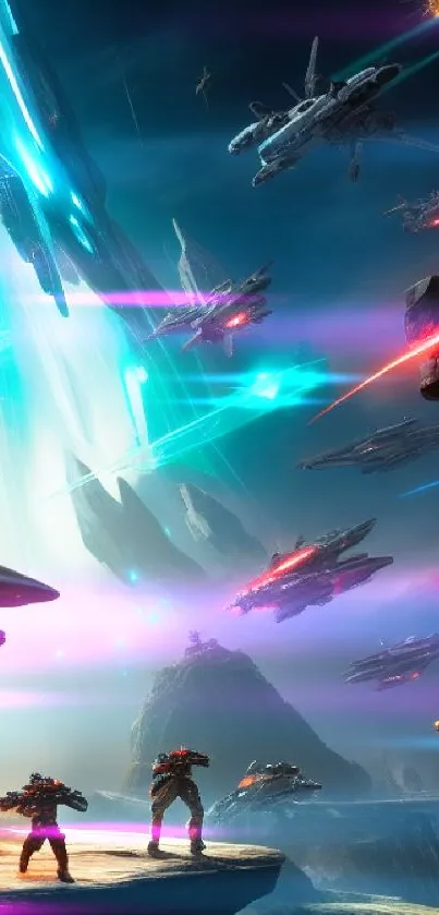 Epic sci-fi space battle with futuristic spacecraft and vibrant colors.