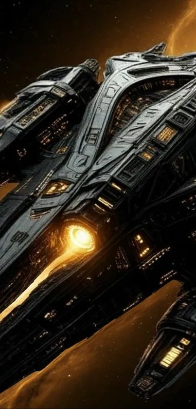 Futuristic spaceship soaring through space.