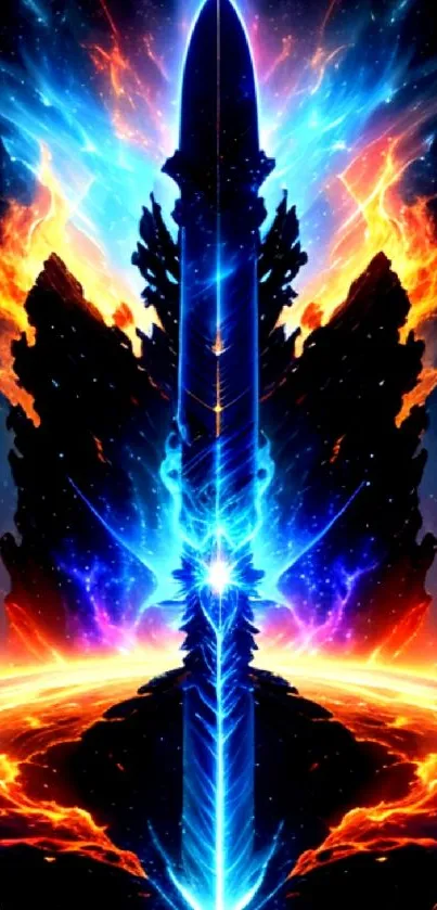 Epic sci-fi sword wallpaper with blue and fiery hues.