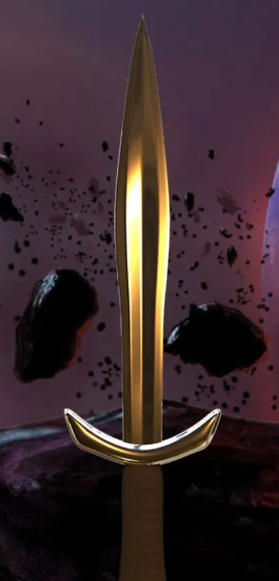 Golden sword with cosmic background in a sci-fi theme.