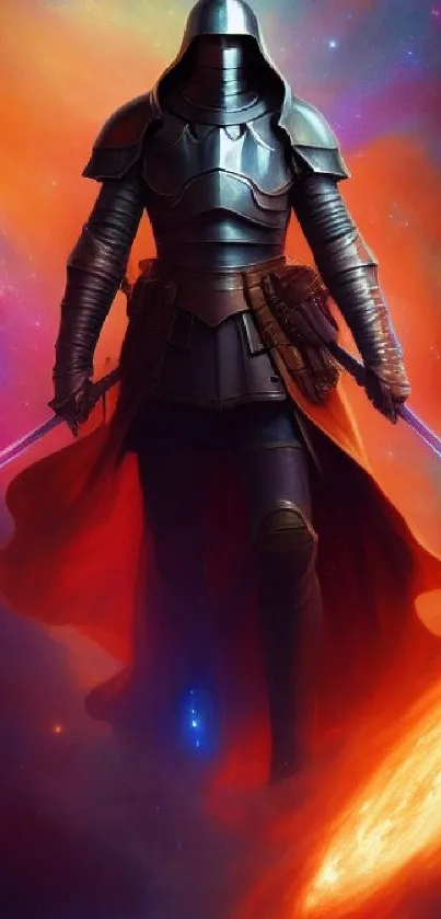 Epic sci-fi warrior with glowing swords in a cosmic setting.