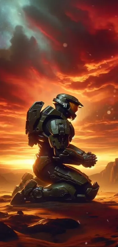 Sci-fi warrior kneeling in a fiery, epic sunset landscape.