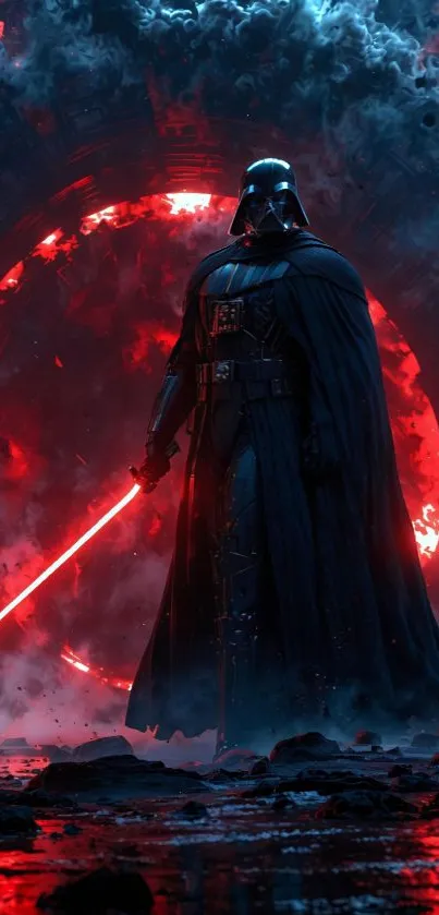 Epic sci-fi warrior with red glow and dark atmosphere.