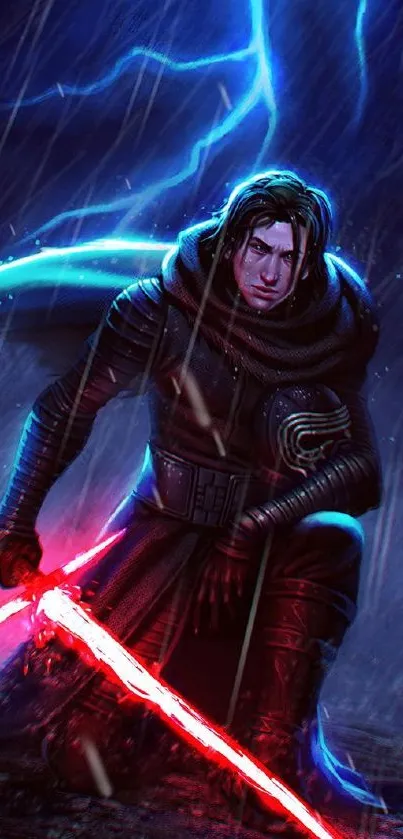 Epic sci-fi warrior with red glowing sword against a stormy background.