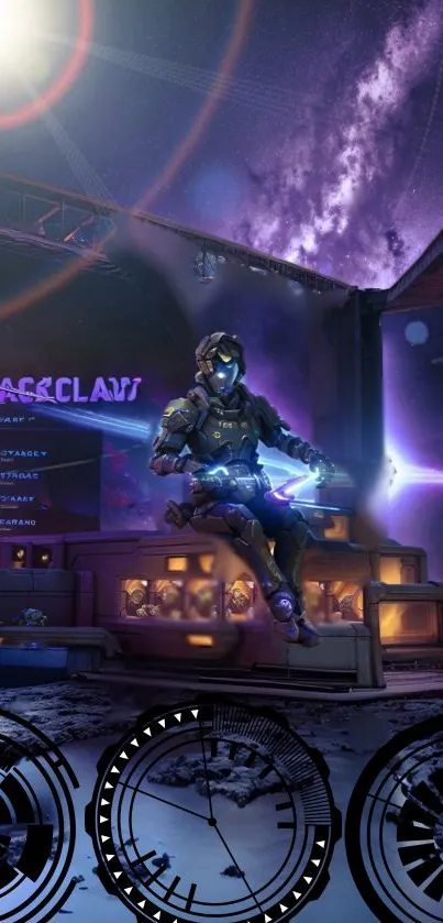 Futuristic soldier in space station with cosmic background.