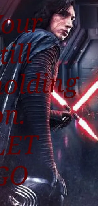 Sci-fi warrior with red lightsaber in futuristic setting.