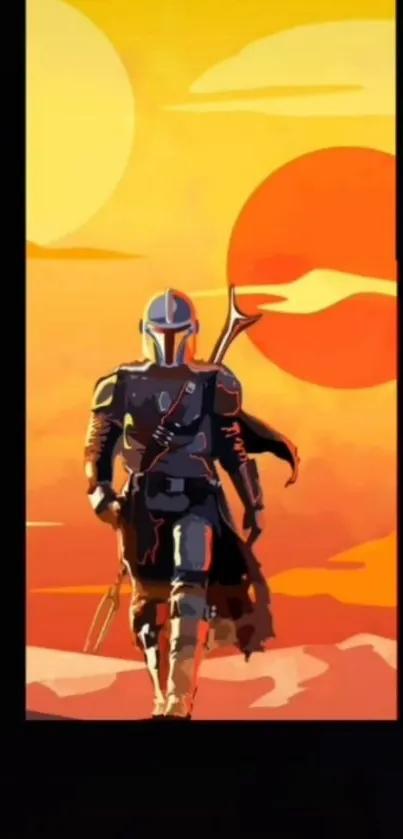 Futuristic warrior walking towards sunset.