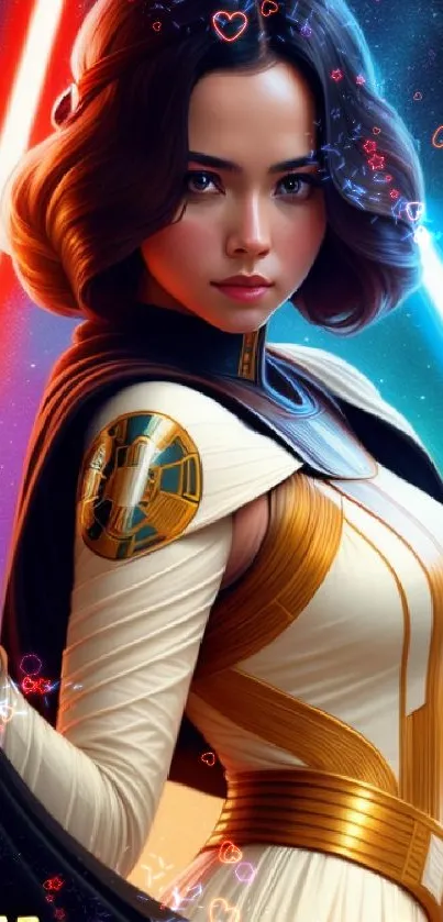 Sci-fi warrior with lightsabers in cosmic setting mobile wallpaper.