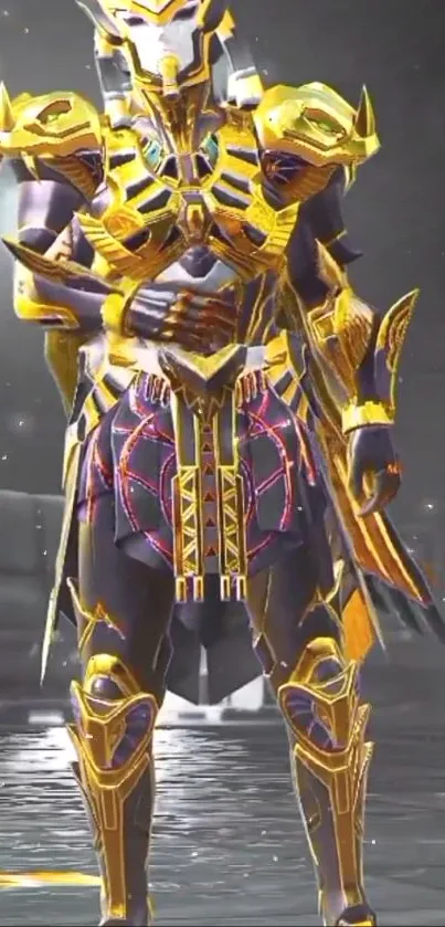 Epic sci-fi warrior in gold armor standing heroically.