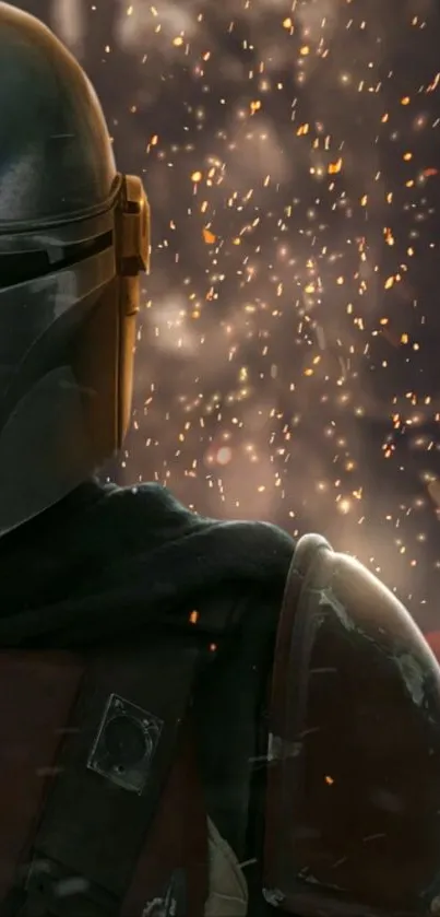 Epic sci-fi warrior with helmet amid glowing sparks.