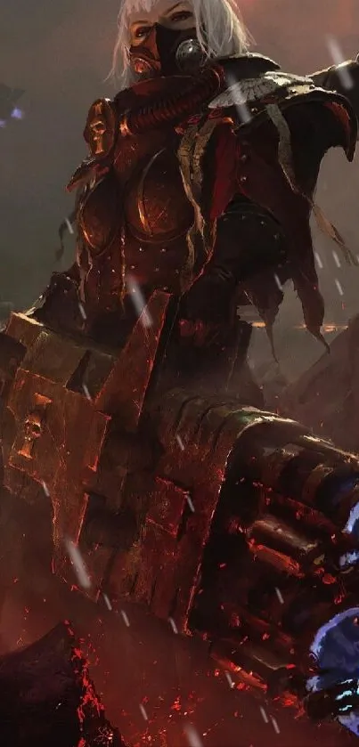 Epic sci-fi warrior in dark battle scene, fiery background.