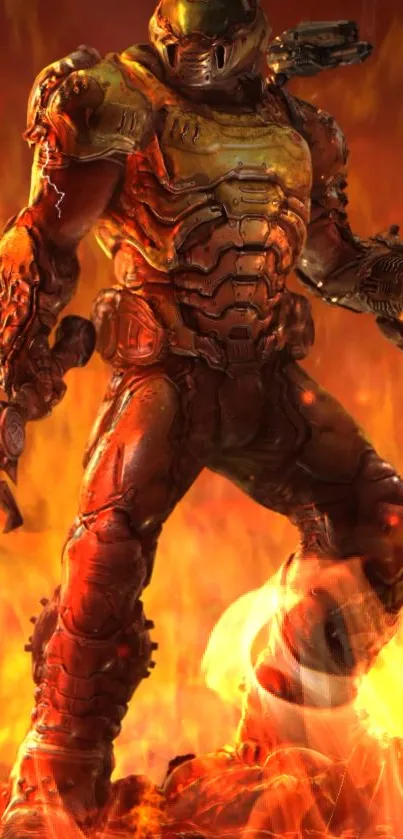 Futuristic warrior engulfed in flames, vivid mobile wallpaper.