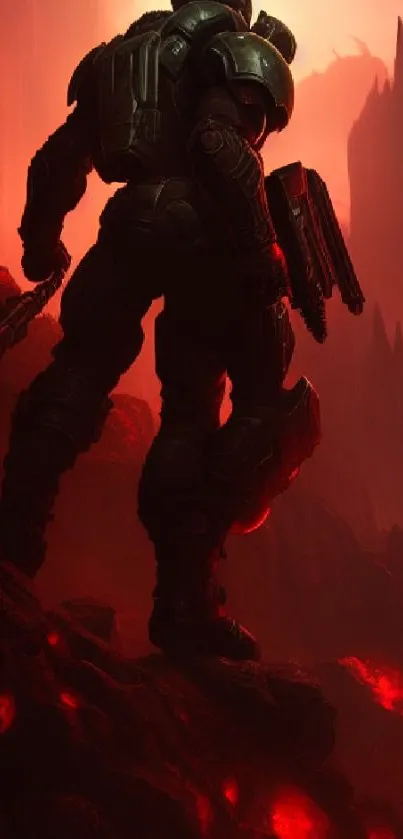 Epic sci-fi warrior stands in a red alien landscape.