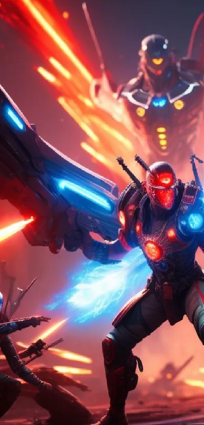 Epic sci-fi warriors with glowing effects in a futuristic battle scene.