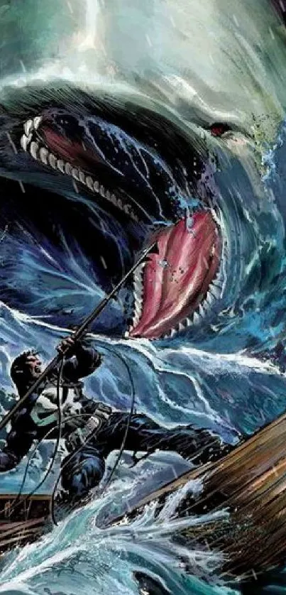 Sailor battles giant whale on turbulent sea in dramatic illustration wallpaper.