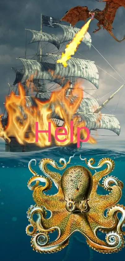 Wallpaper of a ship and dragon in a sea battle with an octopus below.