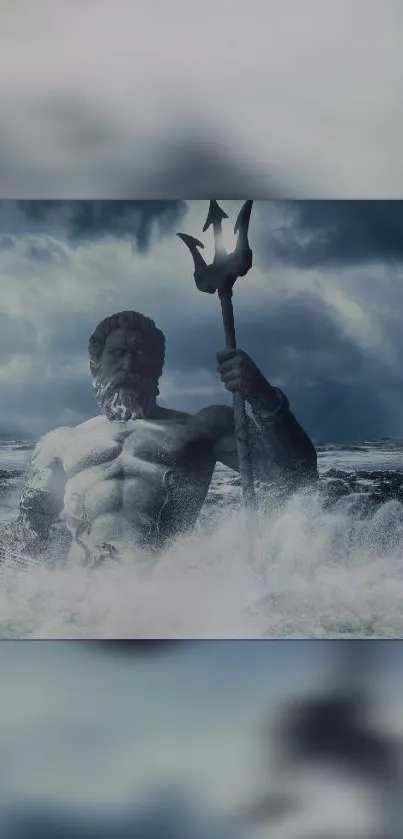 Majestic sea god with trident in ocean waves.