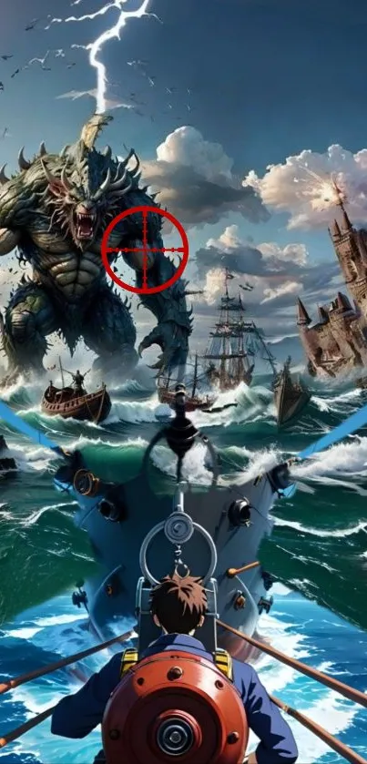 Epic sea monster battle with ships and castle under stormy sky.