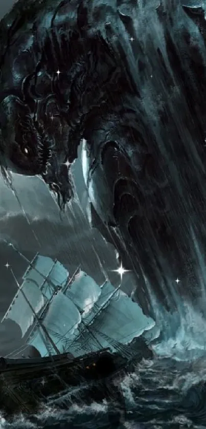 Epic artwork of a sea monster towering over a ship in stormy waters.