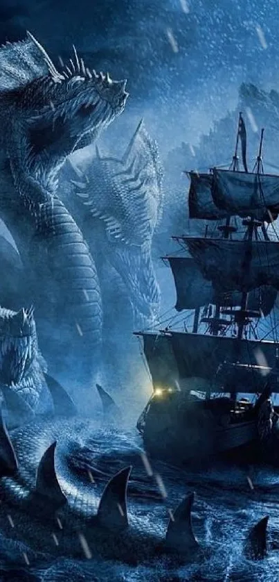 A dramatic sea monster confronts a ship at night in a stormy ocean.