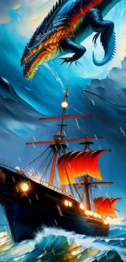 Mobile wallpaper featuring a dramatic sea battle with a flying sea monster.