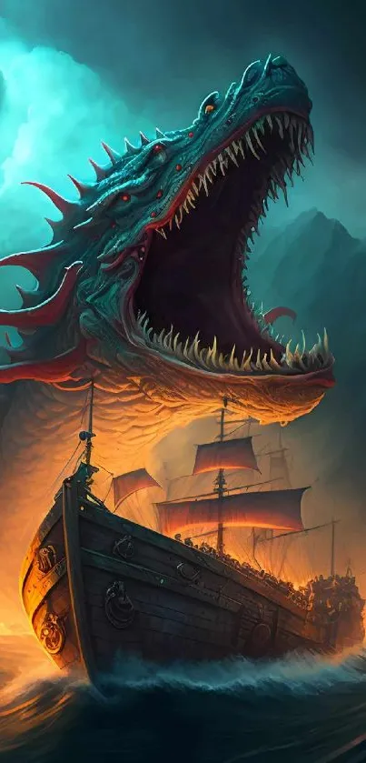 Dramatic scene of a ship facing a giant sea monster, engulfed in vivid colors.