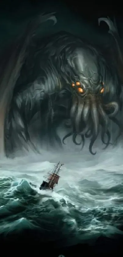 Ship battles giant sea creature in storm.