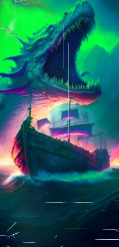 Epic wallpaper of a sea monster and ship under neon green sky.