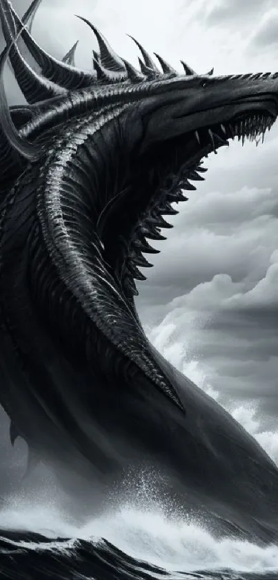 Epic sea monster emerging from the ocean in a dramatic black and gray setting.