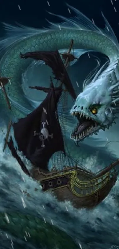 Epic sea serpent attacking pirate ship in dramatic ocean scene.