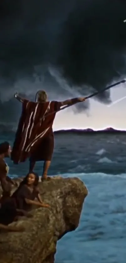 Epic sea storm scene with commanding figure on a cliff.