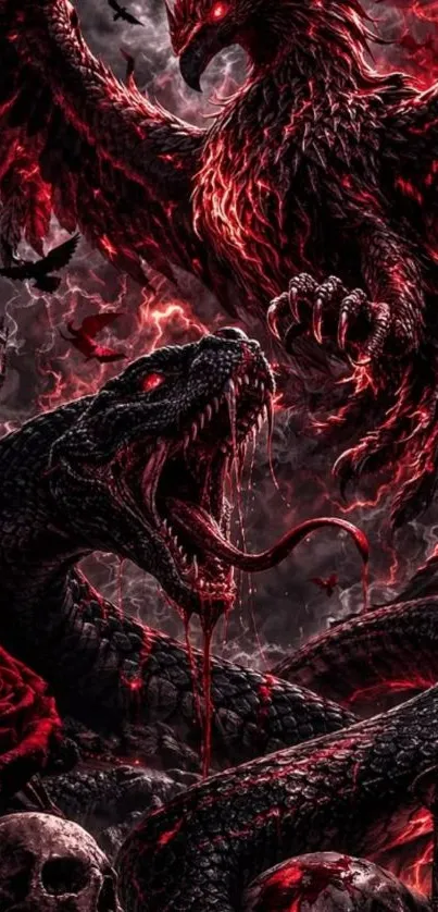 Serpent and phoenix clash in dark fantasy art.