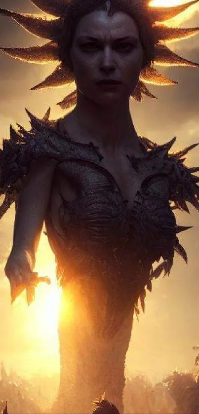 Epic fantasy creature with spiked armor in a glowing sunset sky.