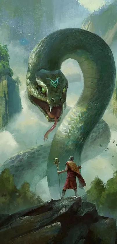 Epic fantasy scene with giant serpent and warrior on lush cliffs.