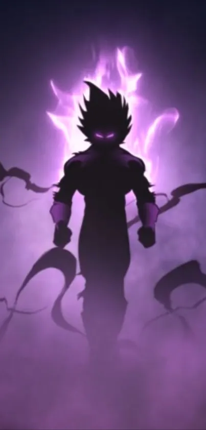 Anime silhouette with purple energy and dramatic background.