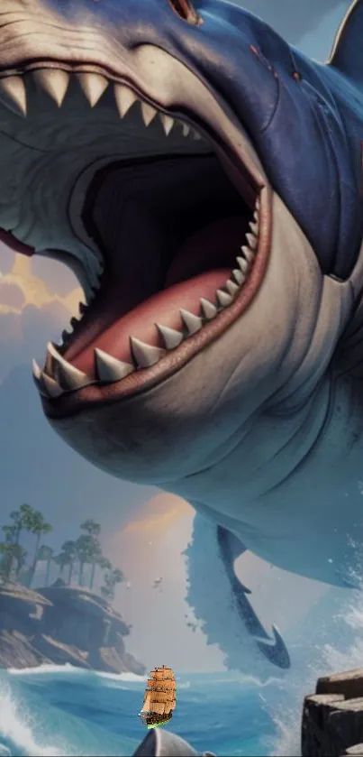 Epic shark jumps over ocean waves in vibrant scene.