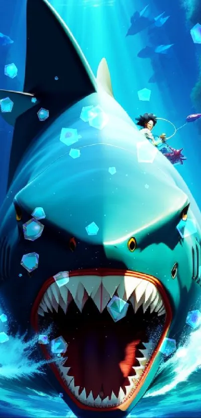 Epic underwater scene with giant shark and rider in vibrant blue.