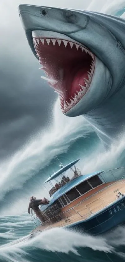 Giant shark attacks boat with stormy ocean waves.