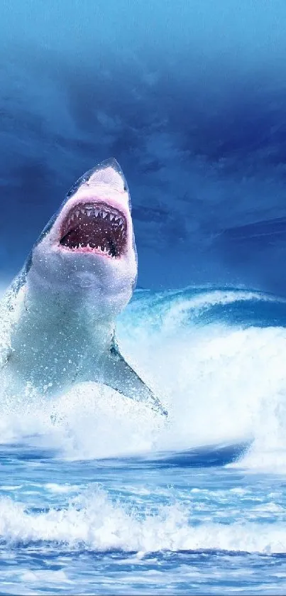 Giant shark leaping towards fisherman with vast blue ocean waves.