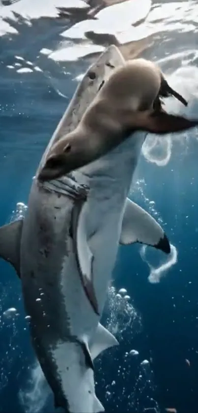 A shark and seal showcased in a dramatic underwater scene.