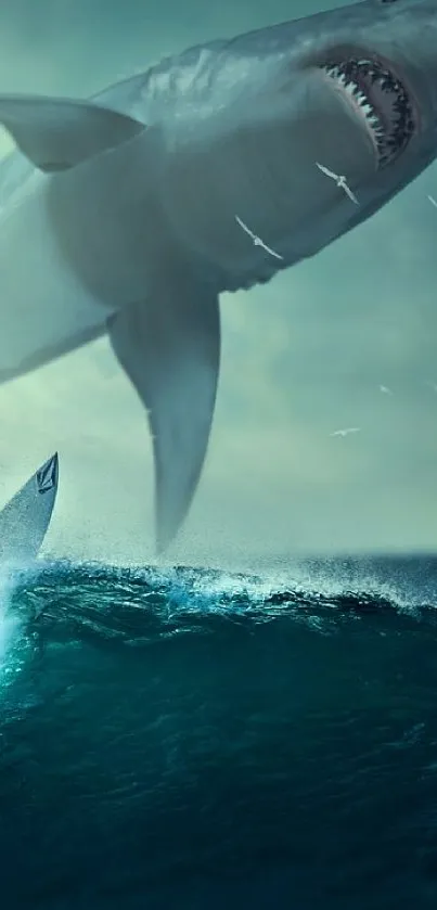 Epic wallpaper of giant shark cresting a wave near a surfer.