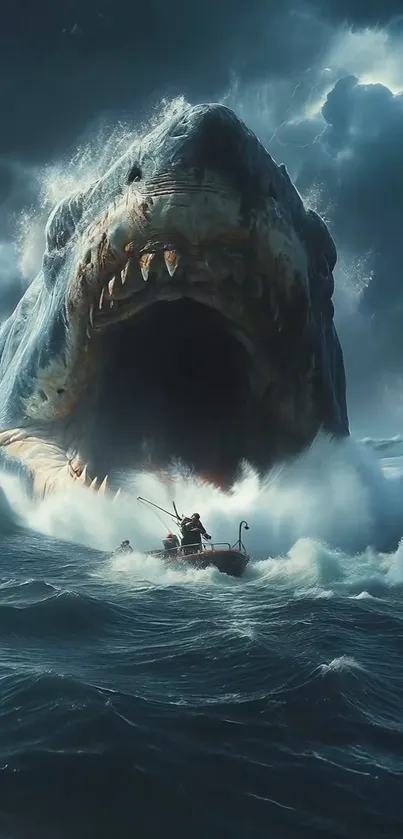 A thrilling scene of a giant shark emerging from stormy ocean waves.