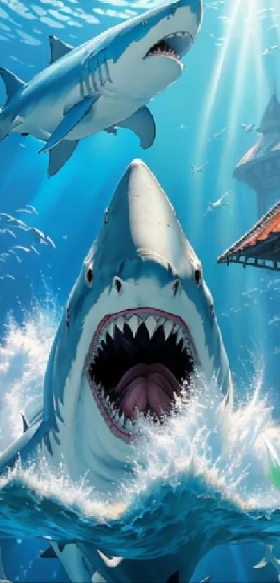 Epic scene of sharks in oceanic adventure wallpaper.