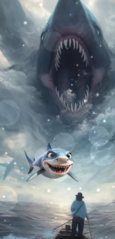 Epic shark fantasy wallpaper with cartoon and realistic sharks.