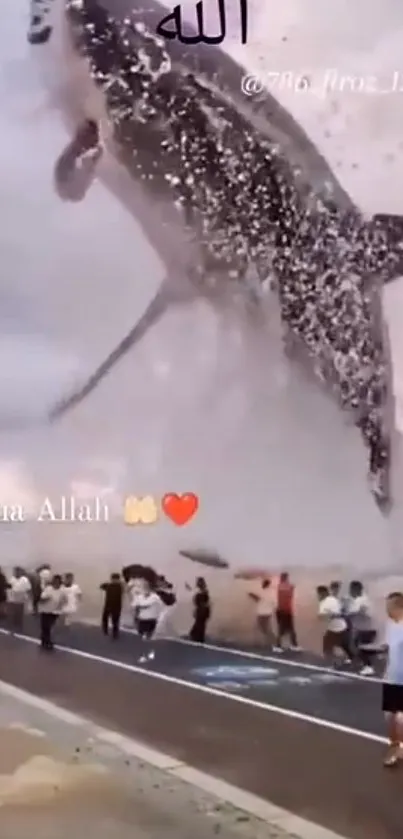 A giant shark leaps out of the ocean near a beach crowd.